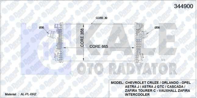 KALE 344900 Turbo Radyatoru (Intercooler) Opel Astra J-Astra J Gtc-Cascada-Zafira Tourer C Chevrolet Cruze-Cruze (J300)-Cruze (J305)-Cruze (J308) Orlando (J309) (665x358x30) (Al/Pl/Brz)